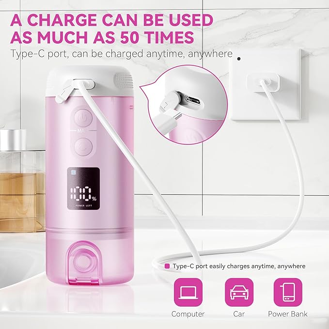 Portable Bidet - 250ml Tank Peri Bottle for Women with 5 Pressure Modes, 8 Replaceable Nozzles and 2000mAh Rechargeable Battery for Travel and Postpartum Use (Purple)