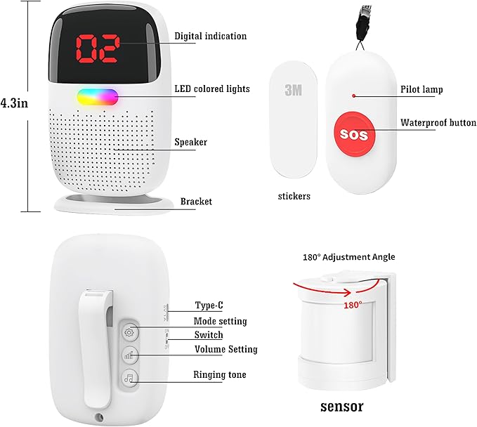 Upgraded Version Bed Sensor Alarm and Fall Prevention for Elderly/Dementia and More,Caregiver Pager Motion Sensor Alarm with Call Button for Patients Seniors Elderly Monitoring at Home