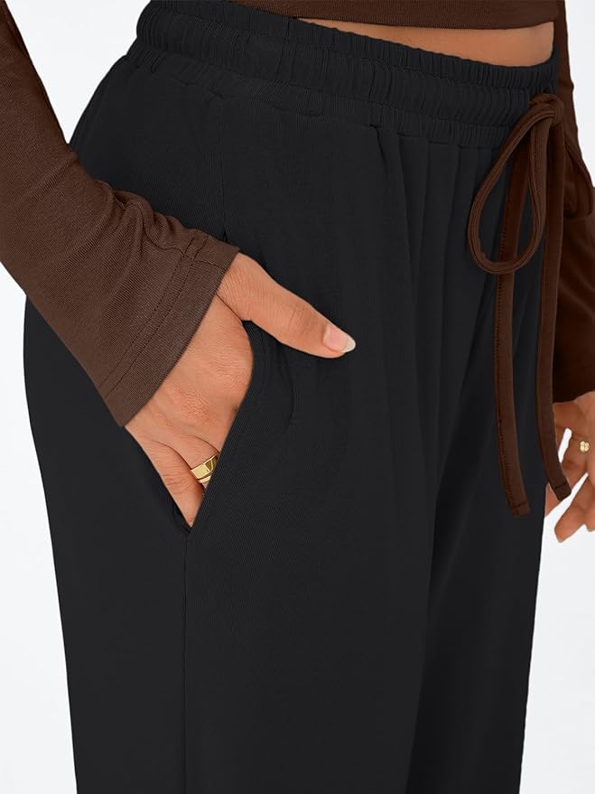 Trendy Queen Women's 2 Piece Matching Lounge Set Long Sleeve Side Ruching Top Wide Leg Drawstring Pants Set with Pockets