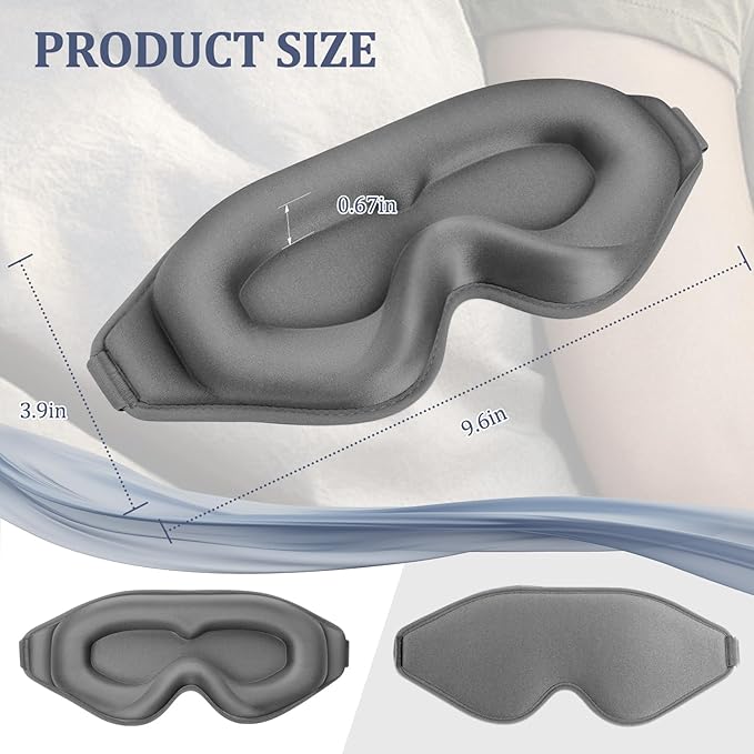 3D Deep Contoured Zero Pressure Sleep Eye Mask for Men & Women, Blackout Blindfold with Adjustable Strap for Travel, Home, Nap (Gray)