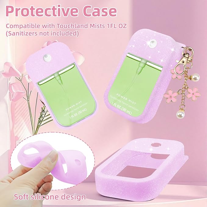 Silicone Case Compatible with Touchland Hand Sanitizer Spray Mist 1 oz with Flower keychain