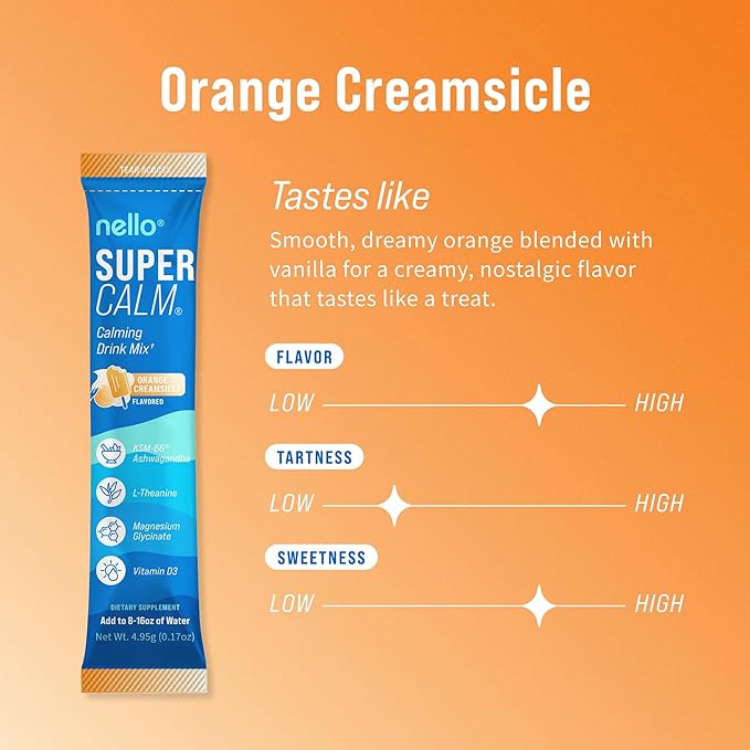Nello Supercalm Powdered Drink Mix, Cortisol Reducer* and Sleep Aid Supplement, L Theanine, Ksm-66 Ashwagandha, Magnesium Glycinate, Vitamin D 3, No Sugar, Non GMO, On The Go, 20 Ct, Orange Creamsicle