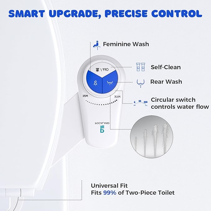Bidet Attachment for Toilet Seat, Non-Electric Cold Water Bidet with Pressure Controls, Dual Nozzles for Frontal & Rear Wash, Retractable Self-Cleaning for Female & Old- White