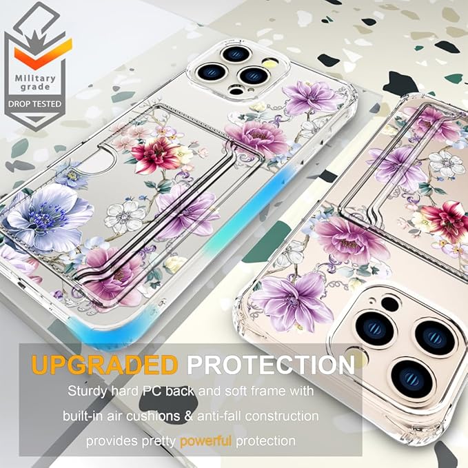 Compatible with iPhone 16 Pro Max Case Card Holder for Women Cute Design,Wallet Phone Cases Transparent Cool Kawaii Protective (Clear Wonderful Large Flowers)