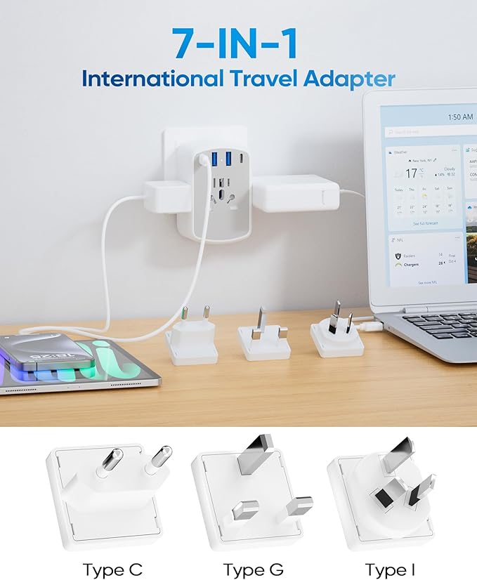 Kakyanill Universal Travel Adapter, Type A/C/G/I Plug Adapter, 5ft Detachable Extension Cord, 3 AC Outlets, 4 USB Ports (2 USB C), UK Europe Australia International Power Adapter