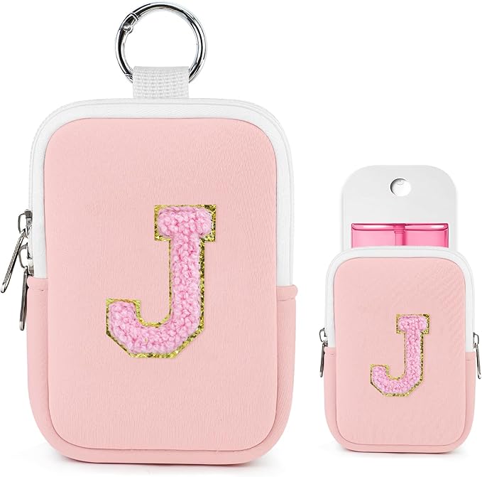 Shenier Alphabet Zippered Case with Keychain, Cute Design, Compatible with Touchland Power Mist Gentle/Glow Mist Hand Sanitizer Spray, Pink-J