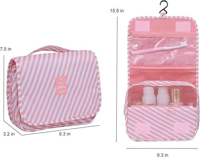 Travel Toiletry Bag for Women, Hanging Toiletry Bag with Multi-Pockets, Toiletry Bag for Traveling Easy Clean, Travel Organizer Bag Pink-strip