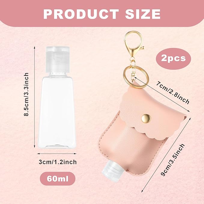 2Pcs Hand Sanitizer Holder Keychain, 60ml Portable Leather Sanitizer Travel Size Keychain Hand Sanitizer Case Refillable Container for Toiletry Lotion Liquid Soap Shampoo (Black, Pink)