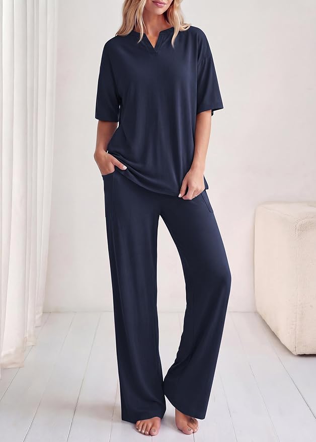 KIRUNDO Womens 2 Piece Matching Lounge Set Airport Travel Vacation Summer Outfits Oversized Short Sleeve Tops Wide Leg Pants
