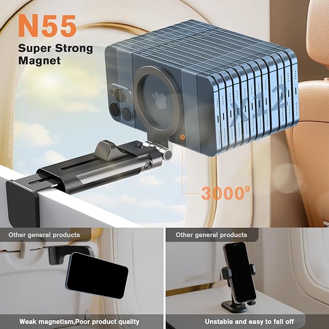 Airplane Phone Holder Travel Essentials for Men Women,Metal Magnetic Plane Phone Holder,360° Rotation Foldable Cell Phone Stand for Desk Tray Table,Travel Size Gadgets Flying Cruise Must Haves