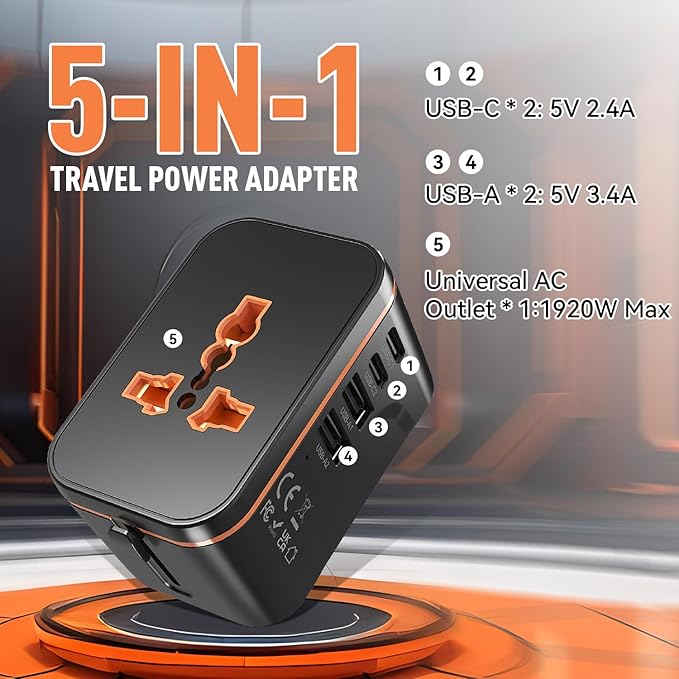 Universal Travel Adapter, Worldwide Wall Travel Plug, 2 USB C, 2 USB A and 1 Multi AC Outlets Travel Charger, International Power Adapter, European Power Plug for EU UK USA AU, Travel Essentials