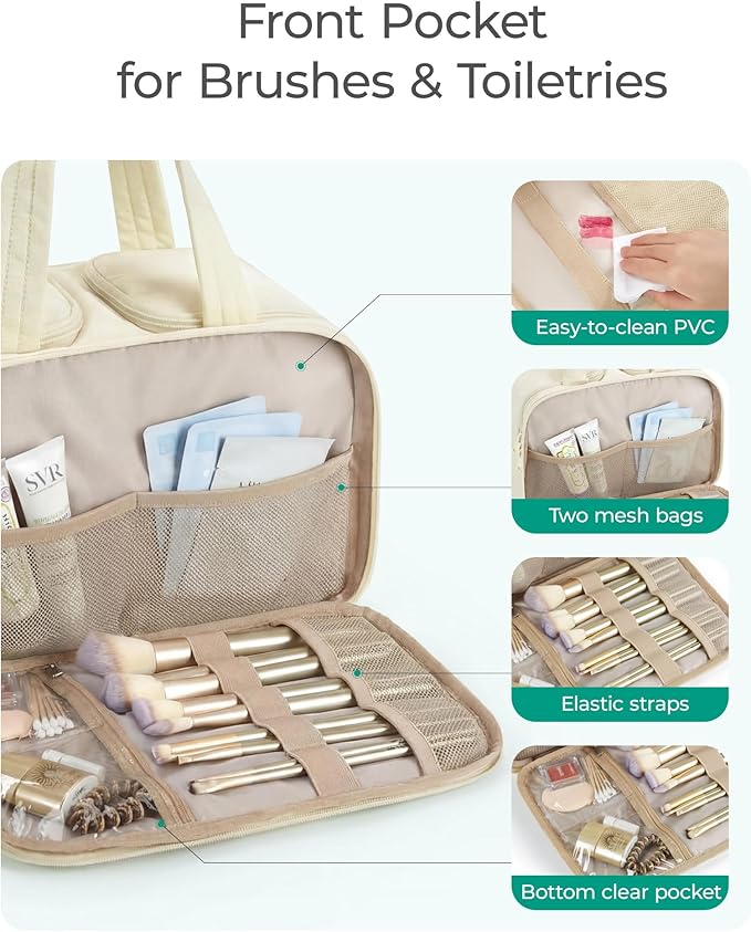 BAGSMART Travel Toiletry Bag, Puffy Large Toiletry Bag for Women, Lightweight Cosmetic Makeup Bag Organizer with Handle for Traveling, Accessories, Essentials, Toiletries (Grayish Brown)