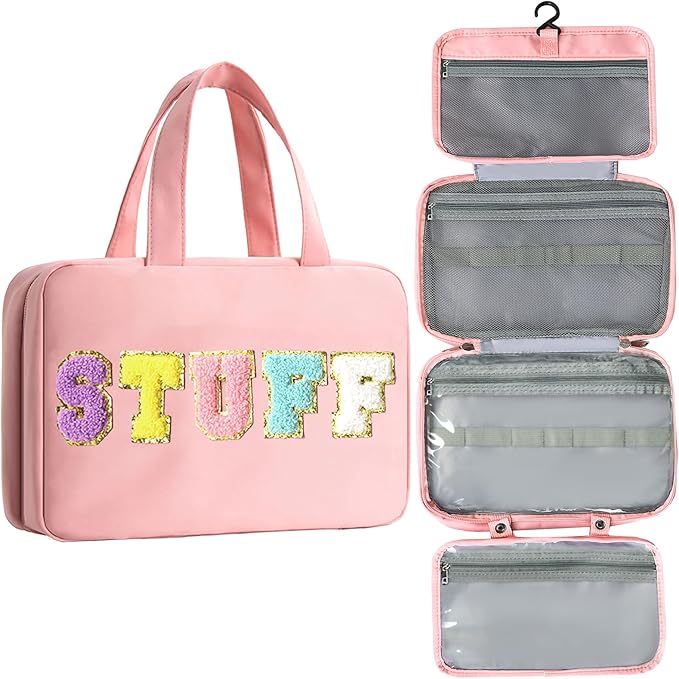 Toiletry Bag for Women Chenille Letter Makeup Bag Water-resistant Cosmetic Bag Travel Bag with Hanging Hook Preppy for Store Toiletries Cosmetic Accessories Medium Light Pink