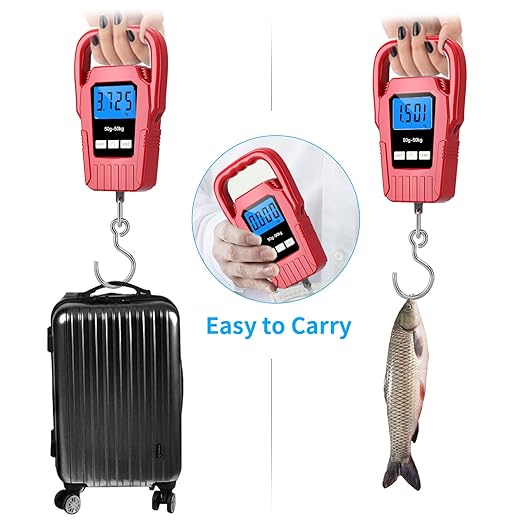 Digital Fish Scale Hanging Scale Fishing Scale,110lb/50kg Luggage Scale,Upgrade Large Handle & Backlit LCD Display, Electronic Balance Digital Fishing Postal Scale, Red, Fishing Gifts for Men