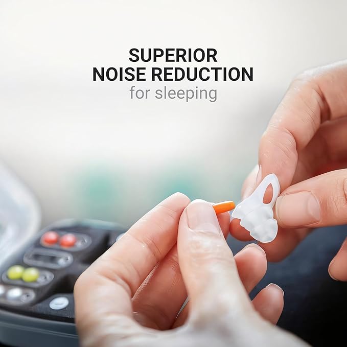 Custom Fit Ear Plugs, Noise-Reducing Ear Plugs for Sleeping, 4 Size-Adjusting Filters, Silicone Body, Carry Case Included, 1 Pair, Travel Essentials