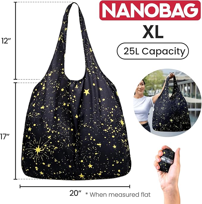 Nanobag Ultralight Heavy Duty Foldable Tote for Women & Men, Reusable Grocery & Travel Bag, Packable Collapsible Compact Market Essential (XL Stars)