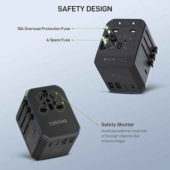 EPICKA Universal Travel Adapter GaN 45W, European Travel Plug Adapter with PD&QC Fast Charging(2 USB-A & 3 USB-C Ports) - Worldwide Travel Essentials, International Power Adapter for UK/US/AU