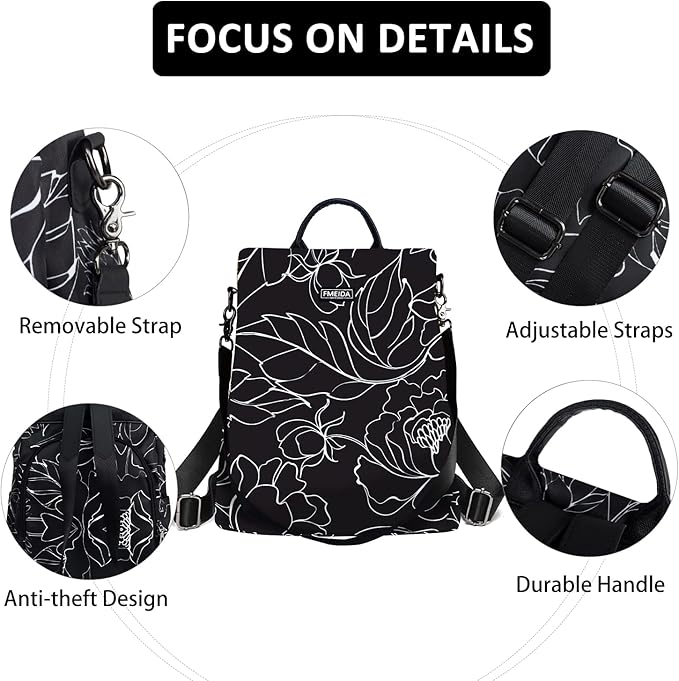 Fmeida Women's Anti-Theft Backpack Purse | Lightweight Travel Daypack for College, Work & Outdoor | Nylon Back pack with Minimalist Floral Design