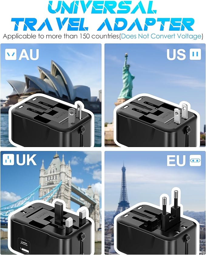 Universal Travel Adapter with (Type C+USB) 2 USB Ports & AC Outlet, International Plug Adapter Converter, Type C/A/G/I All in One Wall Charger Worldwide Travel Adaptor for US to EU UK AUS Asia
