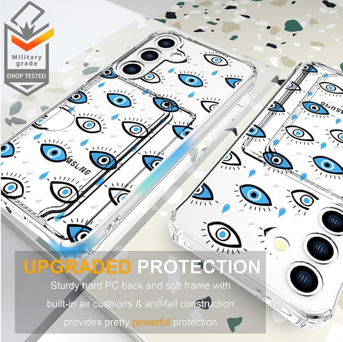 Compatible with Samsung Galaxy S24 / S25 Case Card Holder for Women Cute Design,Wallet Phone Cases Transparent Cool Kawaii Protective (Clear Blue Evil Eyes)