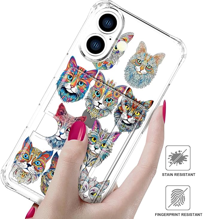 Compatible with iPhone 16 Plus Case Card Holder for Women Cute Design,Wallet Phone Cases Transparent Cool Kawaii Protective (Clear Tattoo Cats Animal)