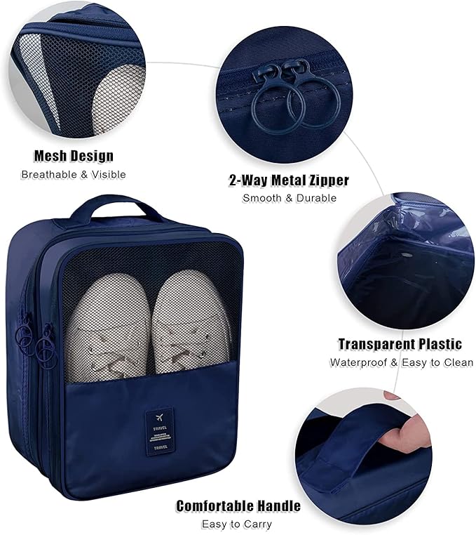Travel Shoe Bag Waterproof Shoe Organizer Bag Holds 3 Pair of Shoes Shoe Packing Cube for Suitcase Travel and Daily Use Storage Pouch with Handle (Navy Blue)