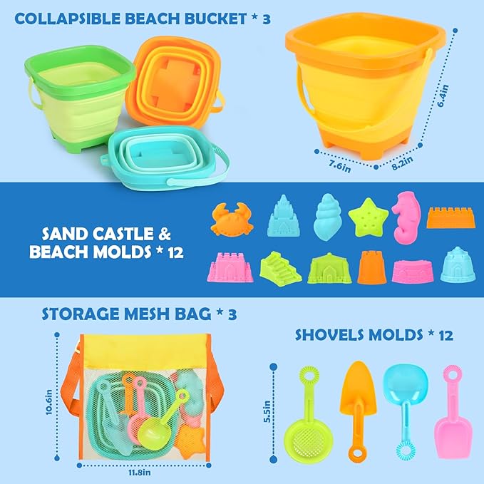 Dreamon Beach Toys for Kids 3-10, Collapsible Sand Toys Include 3 Pack Foldable Buckets with Mesh Bag, 24 PCS Beach Mold and Shovels Molds, Travel Sandbox Beach Toys for Toddler