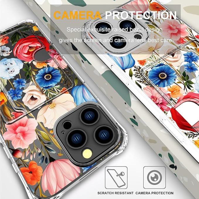 Compatible with iPhone 16 Pro Case Card Holder for Women Cute Design,Wallet Phone Cases Transparent Cool Kawaii Protective (Clear Flower Art Rose Peony)