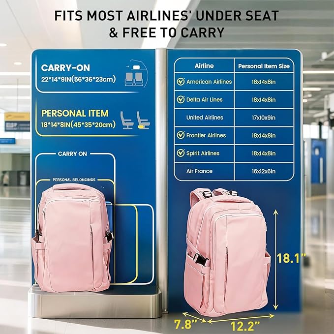 Travel Backpack for Women Men Carry on Backpack, Airline Approved Large Travel Bag Flight Approved Personal item, 15.6 Inch Laptop Backpack Casual Daypack for Weekender Business Hiking-PINK