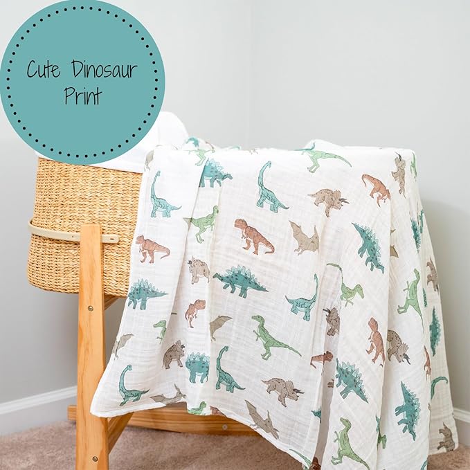 LollyBanks Baby Blanket, 100% Cotton Muslin Swaddle Blankets for Boys, Large 47 x 47 Inches Newborn Blanket, Soft and Breathable Receiving Blankets, Baby Essentials, Registry (Dinosaur Print)