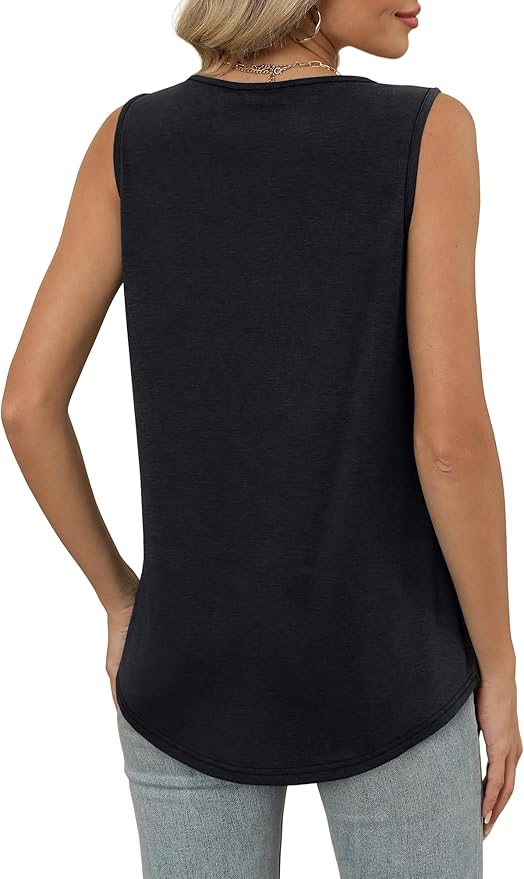 OFEEFAN Tank Top for Women Loose Fit Sleeveless Shirts V Neck Summer Clothes Ruched Women's Tees and Tanks Curved Hem