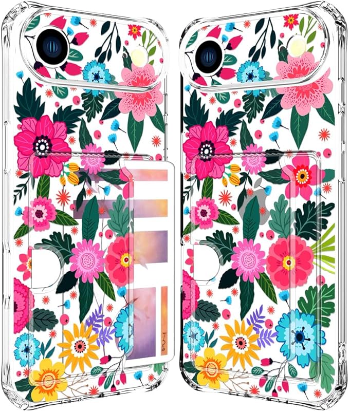 Compatible with iPhone 17 Air Case Card Holder for Women Cute Design,Wallet Phone Cases Transparent Cool Kawaii Protective (Clear Floral Spring Blossom)