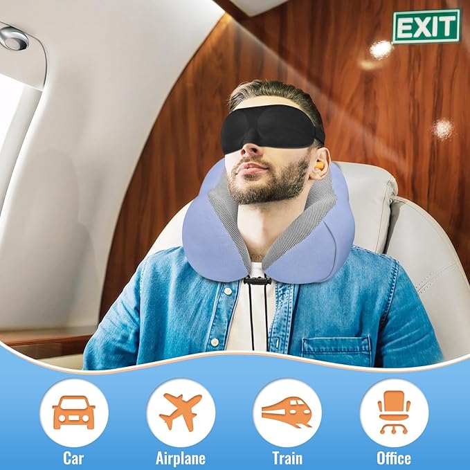 CloudBliss Travel Pillow Premium Memory Foam, Comfortable & Supportive Neck Pillow, Sleeping Neck Pillows for Travel, Airplane Pillow for Sleeping Airplane, Car, Office and Home（Blue）