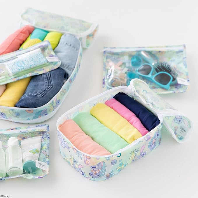 Bumkins Packing Cubes and TSA Approved Pouches for Travel Bag, Organize Luggage with Compression Bags, Essential Traveling Accessories to Pack Clothes, Toiletries, Carryon Suitcase, 5-pc Disney Stitch