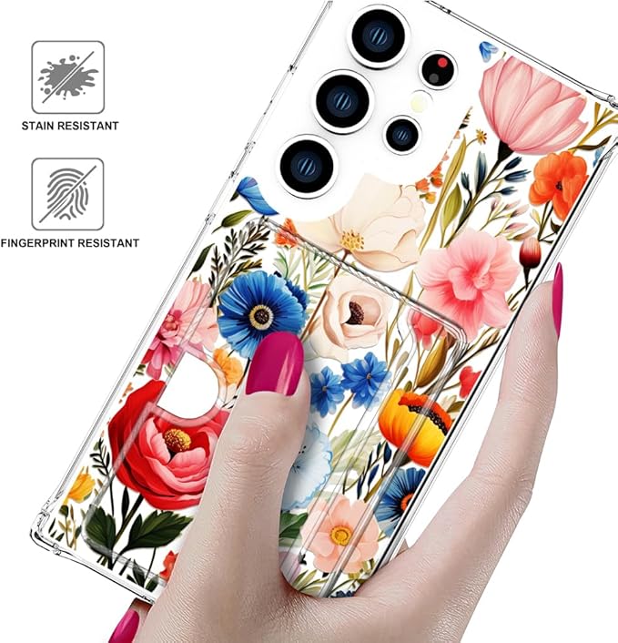 Compatible with Samsung Galaxy S24 Ultra Case Card Holder for Women Cute Design,Wallet Phone Cases Transparent Cool Kawaii Protective (Clear Flower Art Rose Peony)