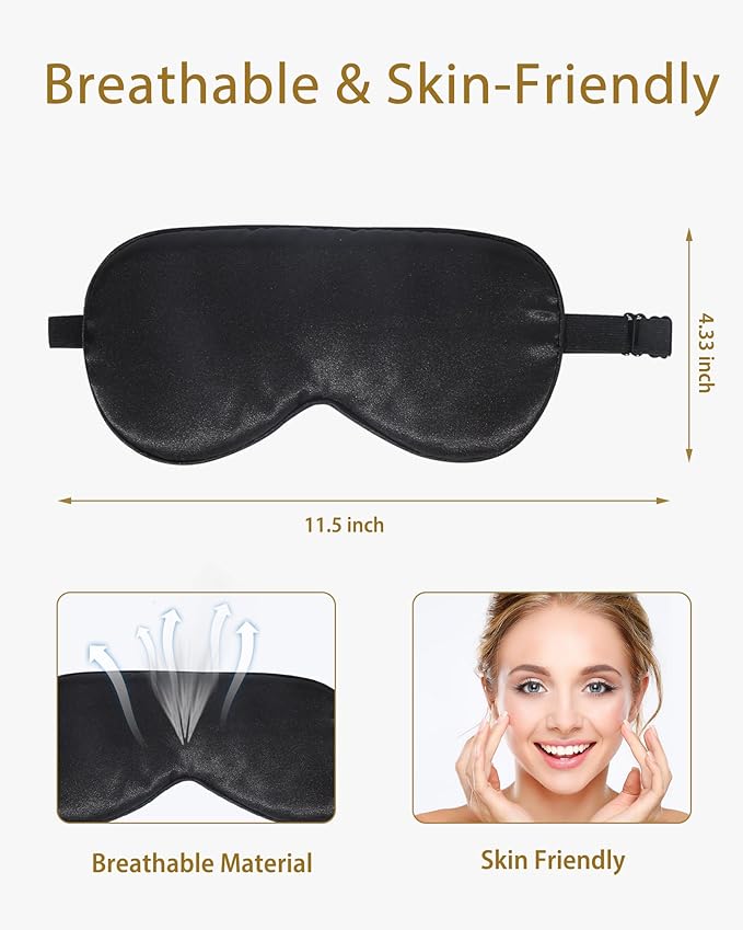 4 Pack Silky Sleep Masks for Women Men, JroyJoy 100% Blackout and Super Soft for Sleeping with Adjustable Strap, Satin Eye Mask for Side Sleeper, Travel Eye Covers (005 Black*2 pcs & Blue*2 pcs)