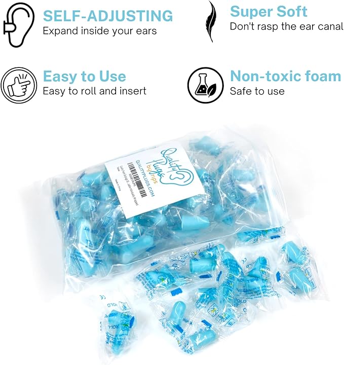 Quality Foam Blue Earplugs - 50 Pairs Bulk Pack, 32db High Decibel Noise Cancelling Ear Plugs for Sleeping, Snoring, Work, Construction, Woodworking - Disposable, Soft, Comfortable, & Soundproof