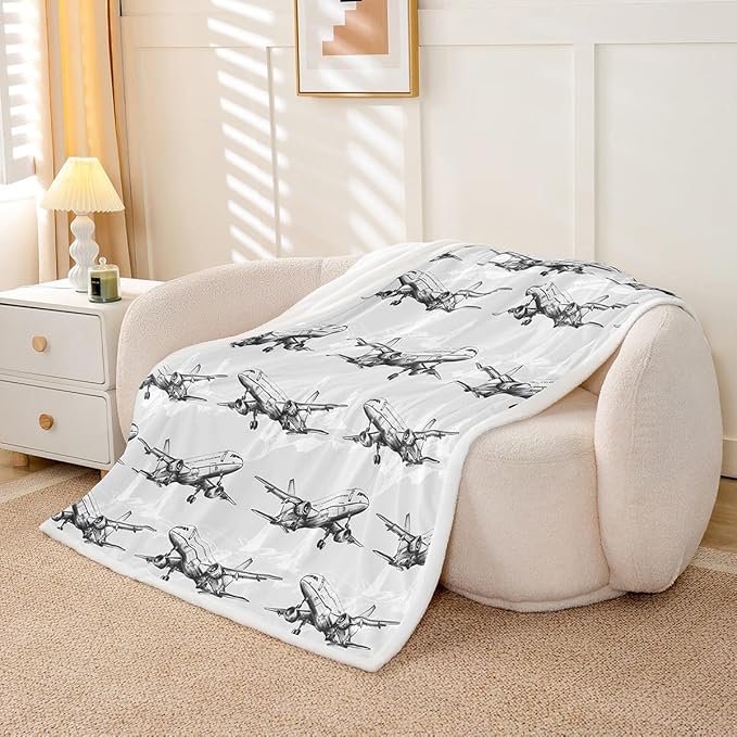 Airplane Kids Throw Blanket,American Aircraft Toddler Bed Blanket for Girls Boys Adults,Hand-Painted Sketch Airplane Fleece Blanket,Black White Fashion Fuzzy Blanket,40 x 50 Inches
