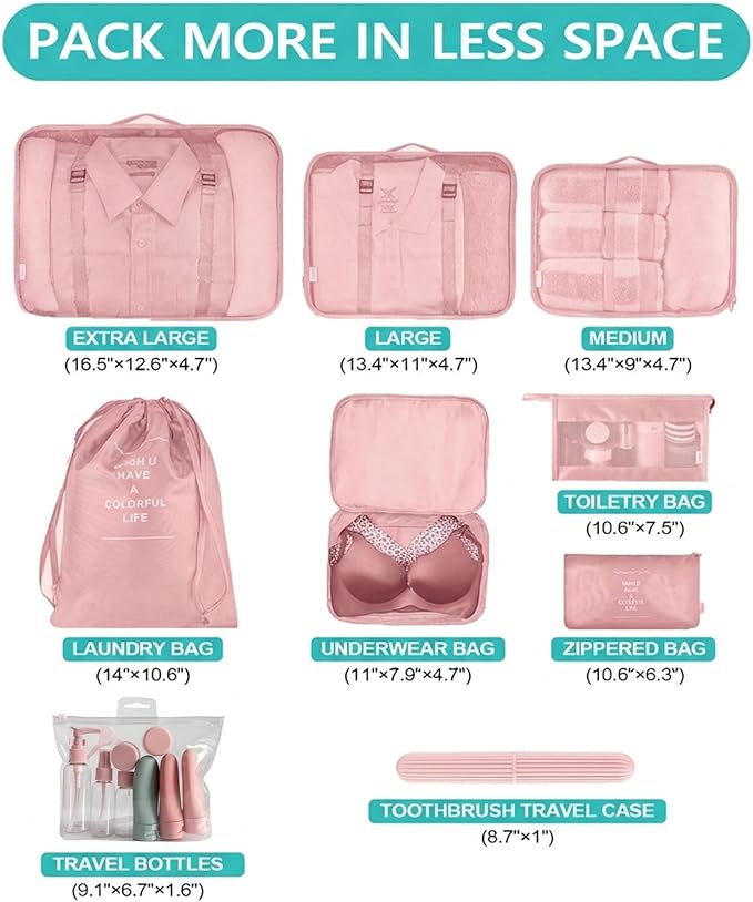 11 Set Packing Cubes for Travel,Gifts for Women Mom,Anti-Tearing Suitcase Organizer for Luggage with Shoe & Hanging Toiletry Bag, Toiletries Travel Bottles, 3 Portable Toothbrush Cases, Pink