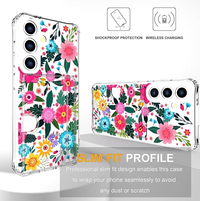Compatible with Samsung Galaxy S24 / S25 Case Card Holder for Women Cute Design,Wallet Phone Cases Transparent Cool Kawaii Protective (Clear Floral Spring Blossom)