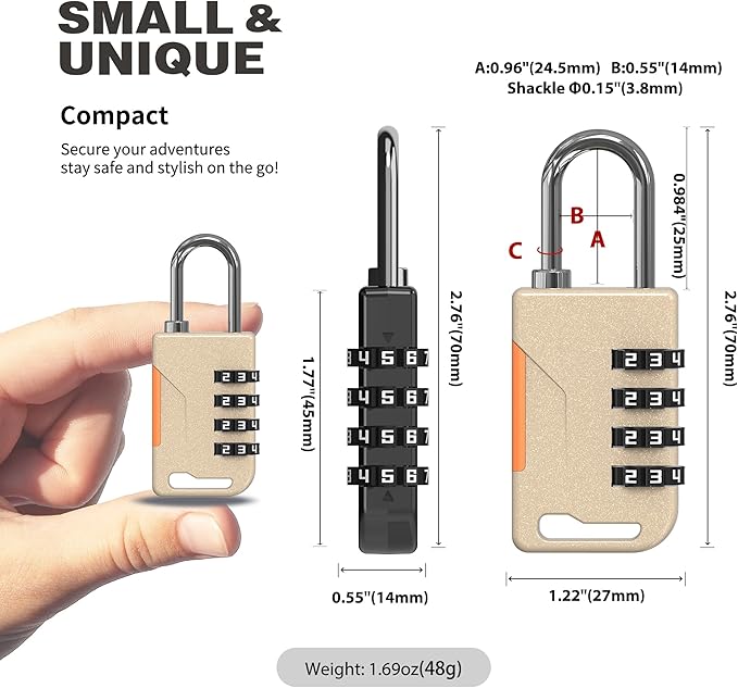 Combination Lock for Locker, Combo Gym Lock, Travel Luggage Small Padlock with Code, 4 Digit Combination Padlocks for Gym Locker, Cabinet, Storage Unit, Suitcase, Outdoor Fence (Gold)