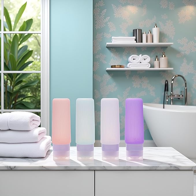Travel Bottles for Toiletries, TSA Approved Silicone Travel Containers for Toiletries, Leak Proof 3 oz Refillable Bottles for Shampoo, Conditioner, Translucent Pastel Color (4 Pack)