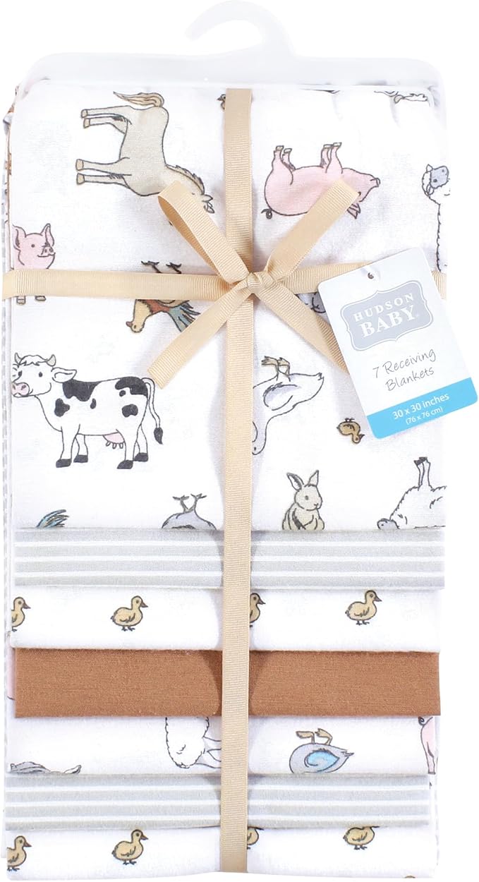 Hudson Baby Unisex Baby Cotton Flannel Receiving Blankets Bundle, Farm World, One Size