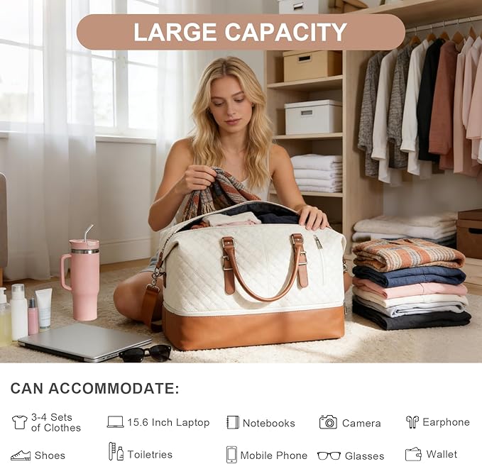 Travel Duffel Bag, Weekender Overnight Bag for Women with Trolley Sleeve, Carry On Bag for Airplanes Sport Tote Gym Bag with Shoes Compartment.(Beige)
