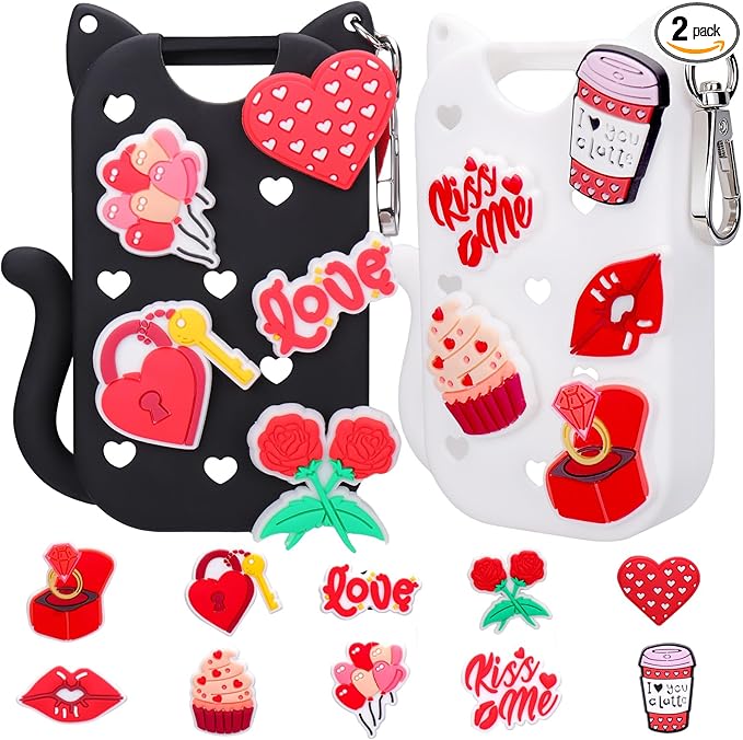 Juome 2 Pack Valentine Silicone Case for Touchland Hand Sanitizer Spray with Keychain & Charms, Cat Protective Holder Compatible with Touch Land Mist Case 1FL. OZ, Valentines Day Gifts for Her/Him