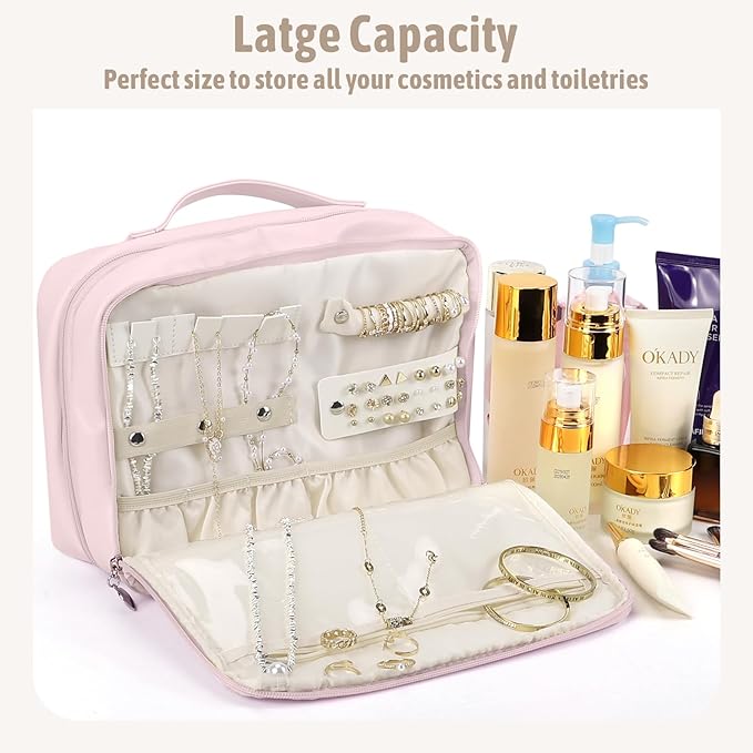 YOPCDJ Hanging Toiletry Bag with Jewelry Organizer,Travel Bag for Toiletries,PU Leather Cosmetic Bags for Women Make Up Organizer with 4 Compartments Waterproof Portable Travel Essentials