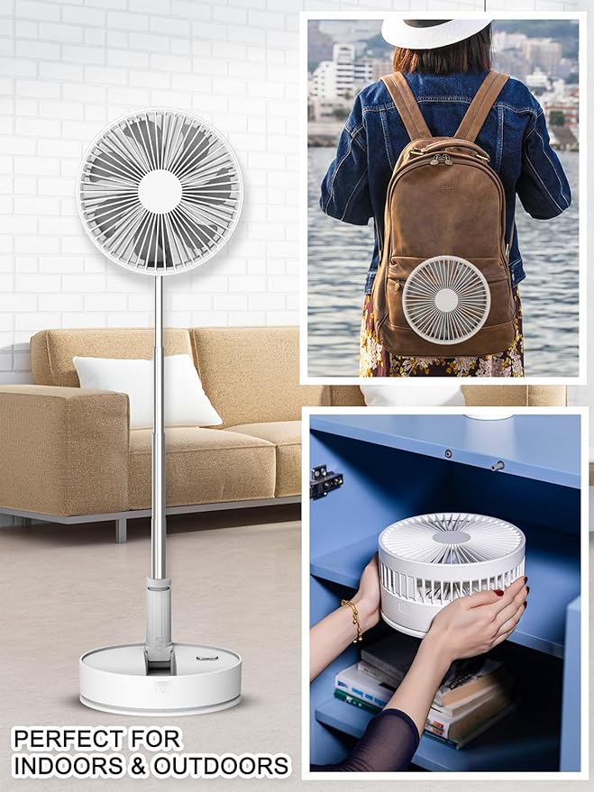 UN UNITEDTIME Oscillating Fan with Remote Control, 7200mAh Rechargeable Battery Operated Travel for Camping, 4 Speed, Timer, Height Adjustment Portable Foldable Fan for Travel, Outdoor, Home (White)