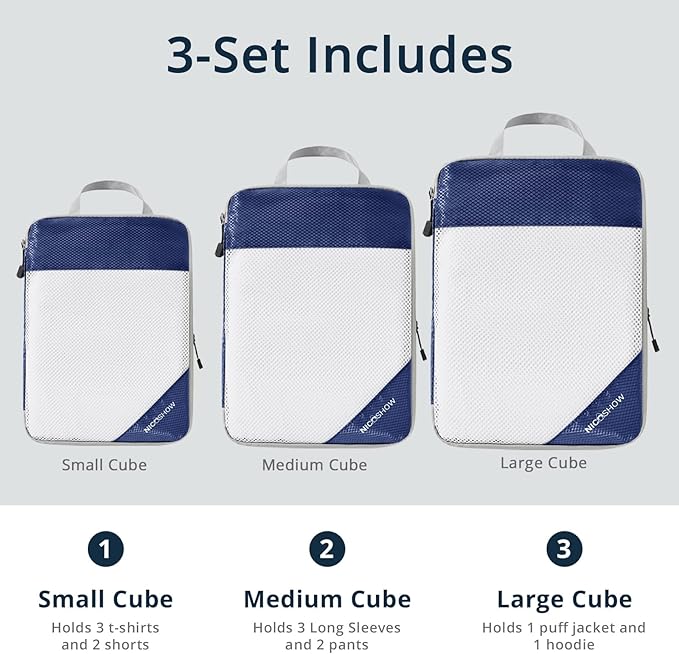 NICOSHOW 3 Set Compression Packing Cubes for Travel - Compressible, Lightweight, and Space-Saving Packing Cubes, Travel Essentials for Women, Navy