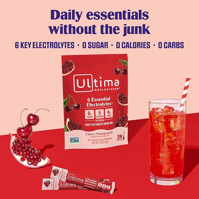 Ultima Replenisher Daily Electrolyte Powder – Cherry Pomegranate, 20 Stickpacks – Zero Sugar Hydration Packets with 6 Electrolytes and Minerals – Sugar Free, Plant Based & Keto Friendly Drink Mix