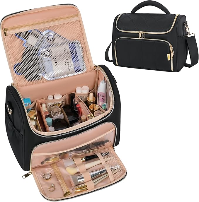 GR69N Travel Toiletry Bag Large Cosmetic Makeup Bag Organizer for Women,Wide-open Make Up Bag Waterproof Makeup Case Travel Bag with Handle and Dividers for Toiletries,Essentials,Accessories,Black